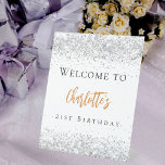 Birthday white silver glitter gold welcome pedestal sign<br><div class="desc">A welcome sign for a girly and glamourous 21st (or any age) birthday party.  A stylish white background decorated with faux silver glitter sparkles.   Personalise and add a name and age 21. Black and golden text.</div>