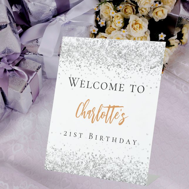 Birthday white silver glitter gold welcome pedestal sign (Creator Uploaded)