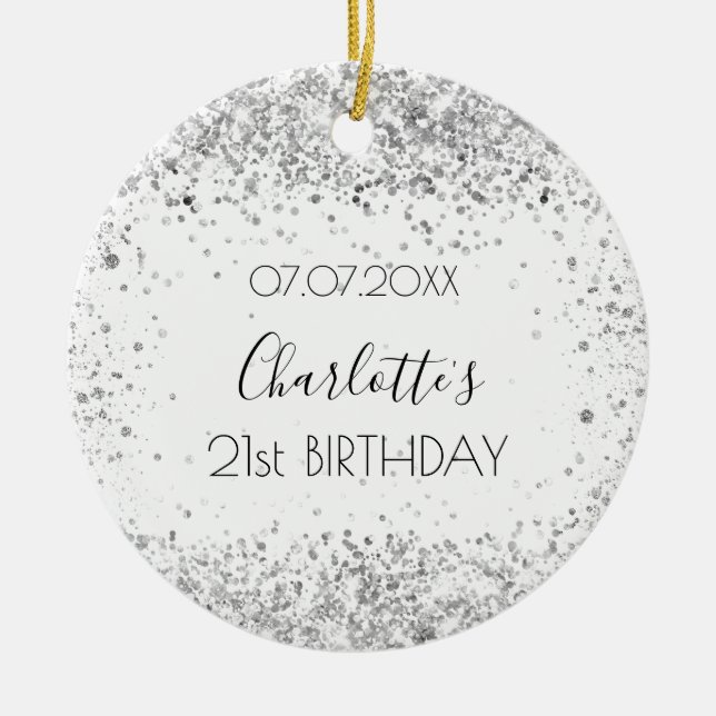 Birthday white silver glitter name  ceramic tree decoration (Front)