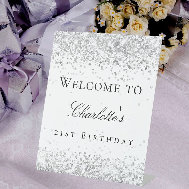 Birthday white silver glitter welcome pedestal sign (Creator Uploaded)