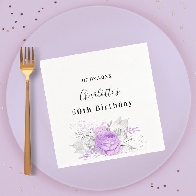 Birthday white violet flowers silver napkin (Creator Uploaded)
