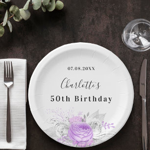 Birthday white violet flowers silver paper plate