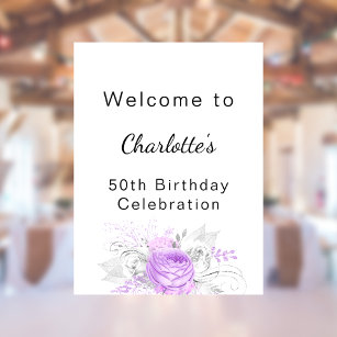 Birthday white violet flowers silver welcome poster