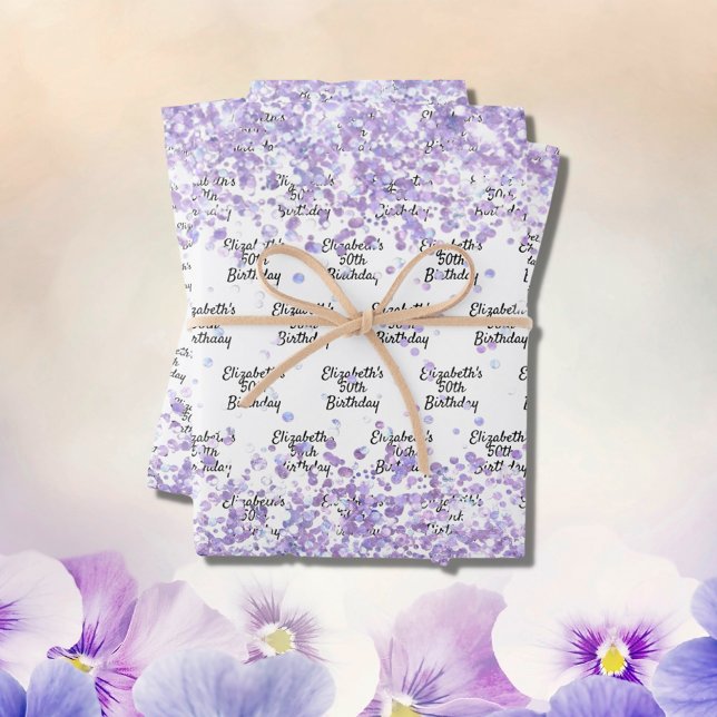 Birthday white violet lavender glitter name wrapping paper sheet (Creator Uploaded)