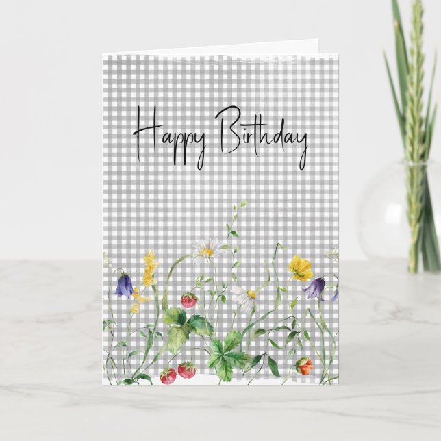 Birthday Wildflowers On Silver Gingham Card (Front)