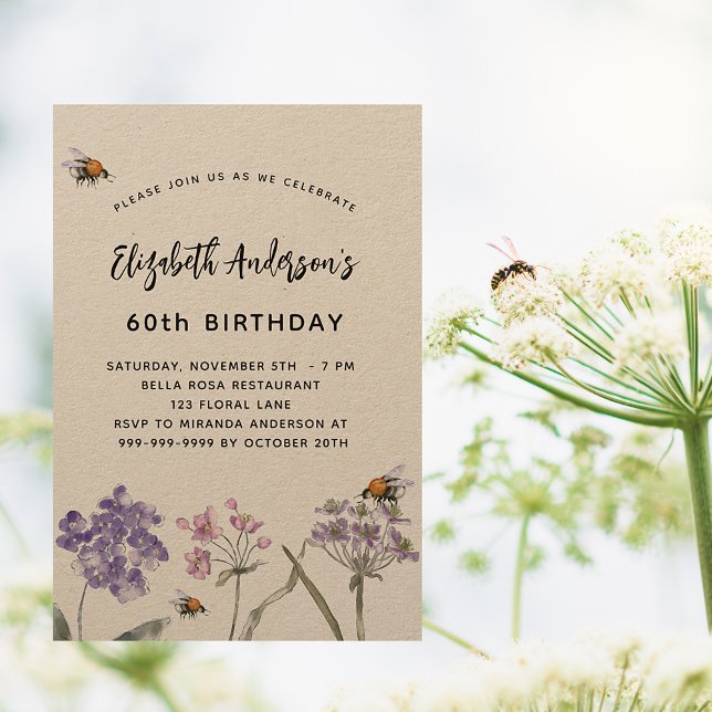 Birthday wildflowers violet pink bees nature invitation (Creator Uploaded)