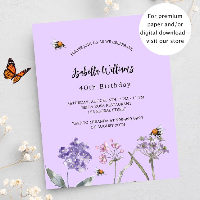 Birthday wildflowers violet pink budget invitation (Creator Uploaded)