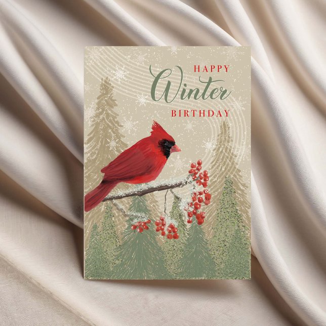 Birthday Winter Trees Berries and Cardinal  Card (Creator Uploaded)