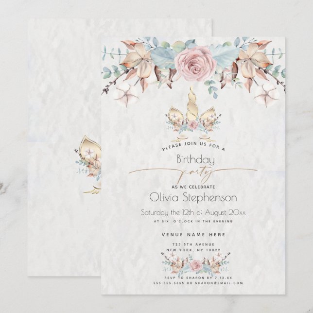 Birthday   | Winter Woodland Floral Gold Unicorn Invitation (Front/Back)