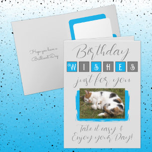 Birthday wishes add cat photo grey blue card