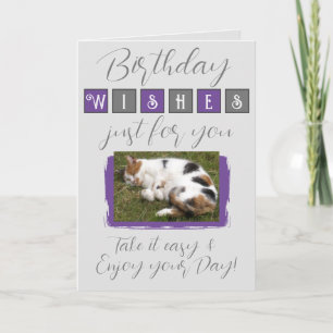 Birthday wishes add cat photo grey purple card