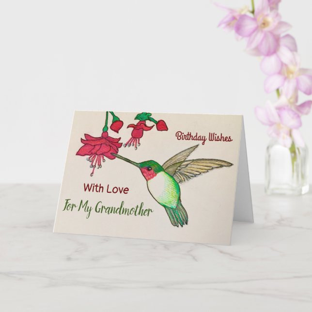 Birthday Wishes For Grandma Hummingbird Painting Card (Orchid)