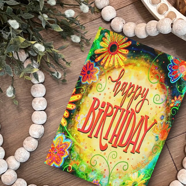 Birthday Wishes Fun Whimsical Yellow Floral Card (Pretty happy birthday card by Inspirivity)