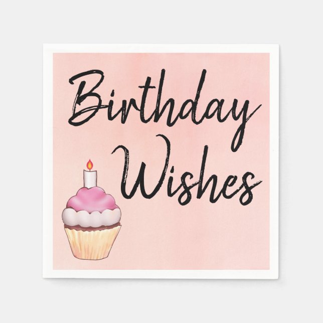 Birthday Wishes Pink Cupcake Watercolor Napkin (Front)