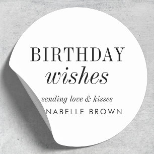 Birthday Wishes Simple Minimalist Black and White Classic Round Sticker