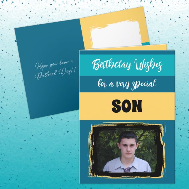 Birthday wishes special son blue photo card (Creator Uploaded)