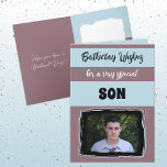 Birthday wishes special son plum card<br><div class="desc">Birthday wishes for a very special son / or personalise for another person.
Add your photo and a message.
Hope you have a brilliant day.
Black,  blue and plum.</div>