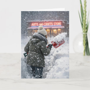 Birthday Woman Shoveling Snow to a Craft Store Card