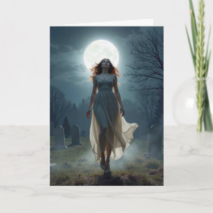 Birthday Woman Walking In a Moonlit Cemetery Card