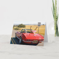 Birthday Women in a Red 1966 Corvette on Route 66