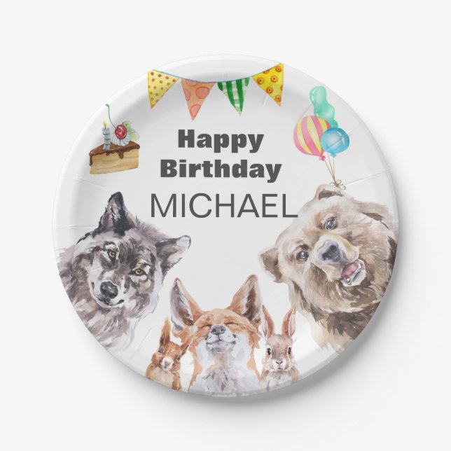 Birthday Woodland Animals Party Custom Watercolor Paper Plate (Front)