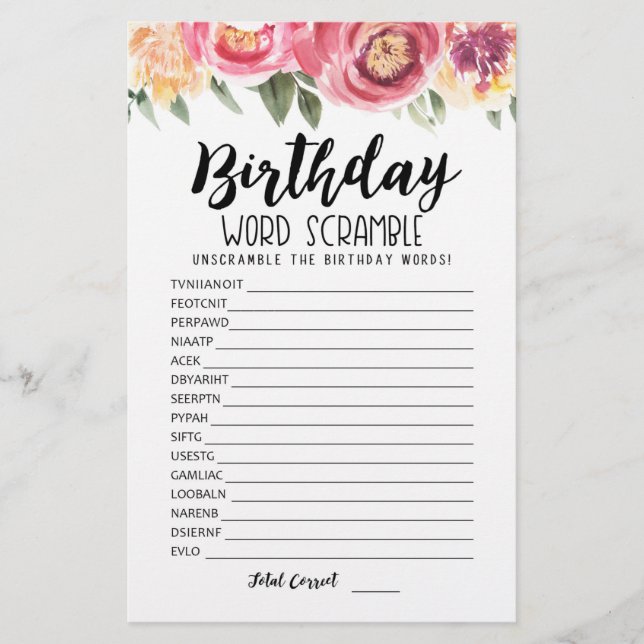 Birthday word scramble game with Answers (Front)