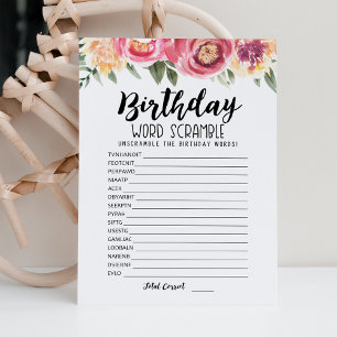 Birthday word scramble with Answers game Card