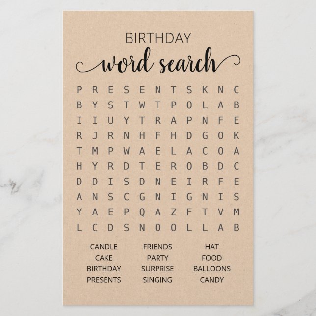 Birthday Word search game Birthday party (Front)