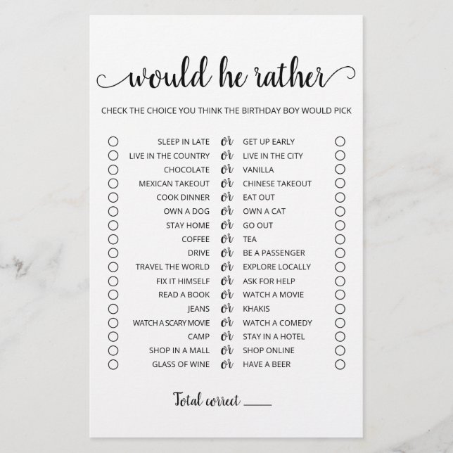 Birthday Would He Rather editable game (Front)