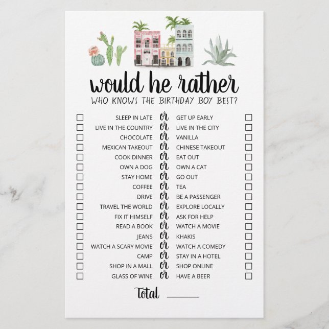 Birthday Would He Rather editable game (Front)