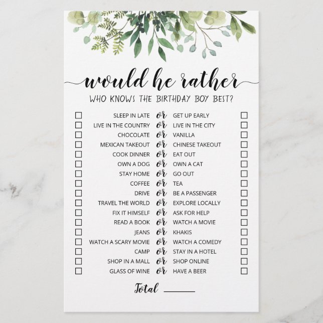 Birthday Would He Rather editable game (Front)