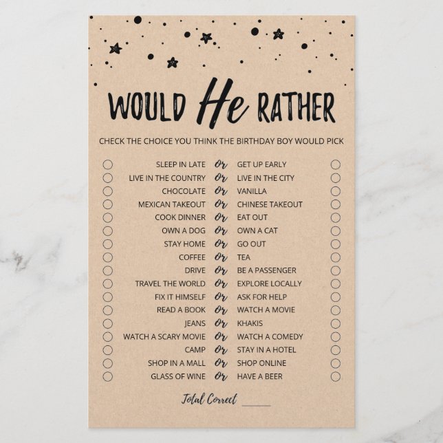 Birthday Would He Rather editable game (Front)