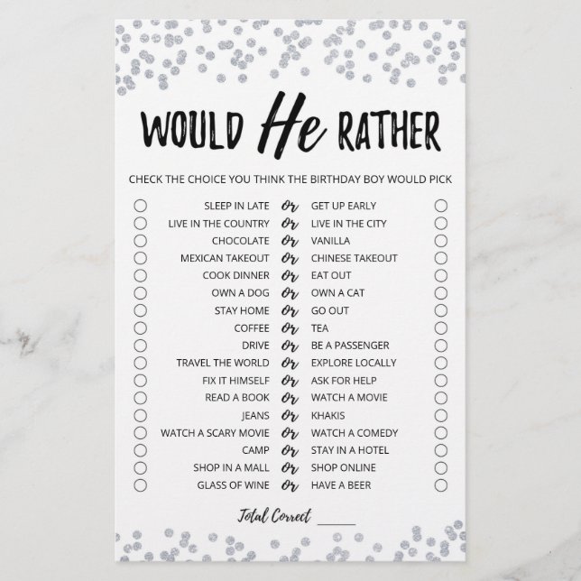 Birthday Would He Rather editable game (Front)