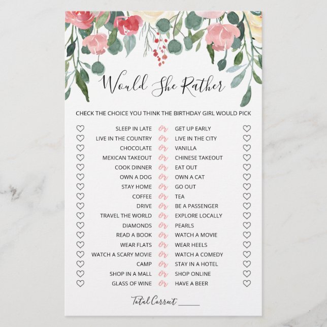 Birthday Would She Rather editable game (Front)