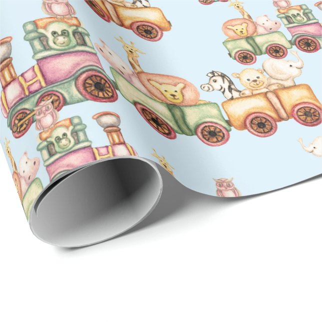 Birthday Wrapping Paper - Baby Animals on Train  (Roll Corner)