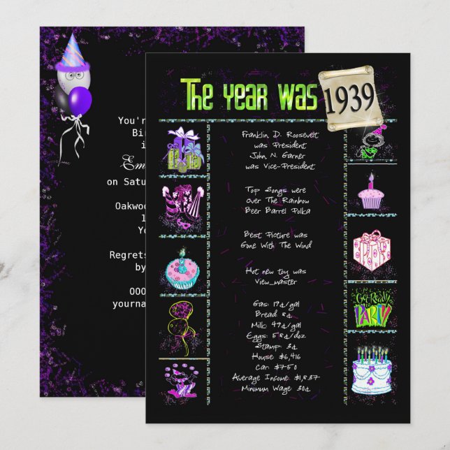 Birthday Year 1939 Invitation (Front/Back)