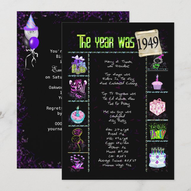 Birthday Year 1949 Invitation (Front/Back)