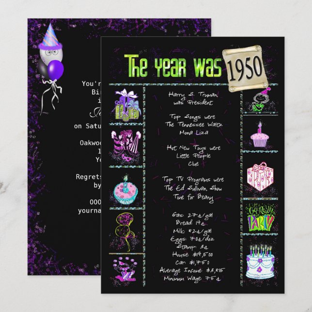 Birthday Year 1950 Invitation (Front/Back)