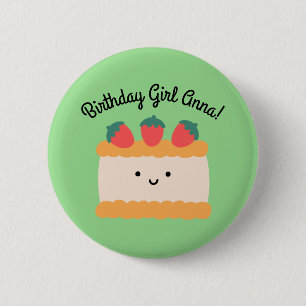 Birthday   Yellow & White Strawberry Sponge Cake 6 Cm Round Badge