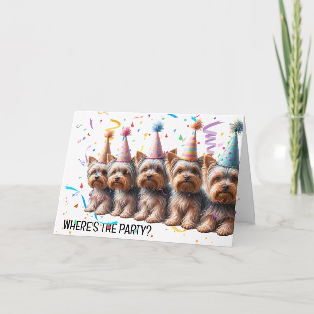 Birthday Yorkshire Terriers In Party Hats Card (Front)