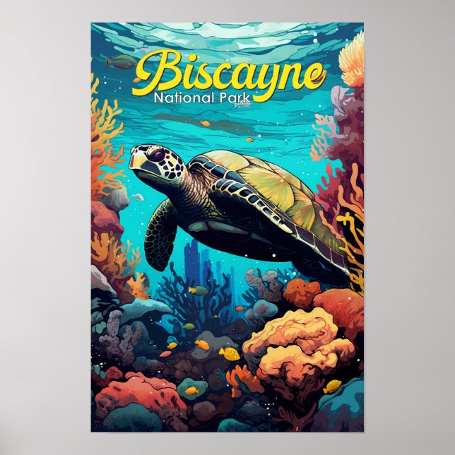 Biscayne National Park Turtle Illustration Retro Poster (Front)