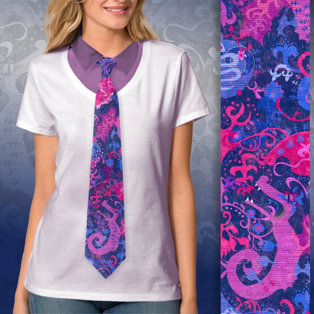 Bisexual Dragon Damask - Bi Pride Flag Colours Tie (Creator Uploaded)
