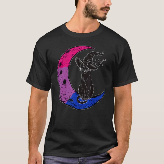 Bisexual Moon Space Cat Witch Pride Halloween T-Shirt (Front)