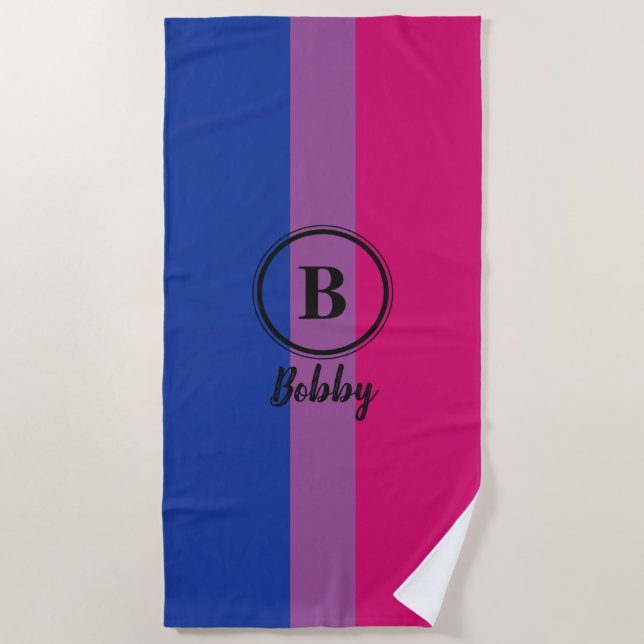Bisexual Pride Flag Black Custom Monogram LGBT Beach Towel (Front)