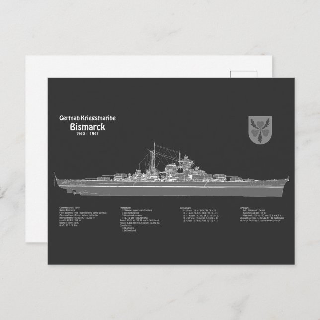 Bismarck - Battleship Blueprint Plans PD Postcard (Front/Back)