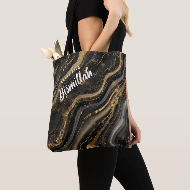 Bismillah Alhamdullilah Gold Black Agate Tote Bag (Close Up)