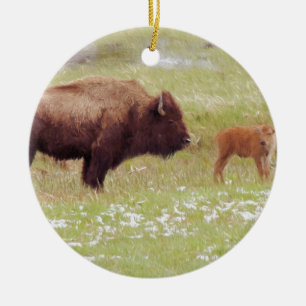 Bison and Calf in Yellowstone Ceramic Tree Decoration