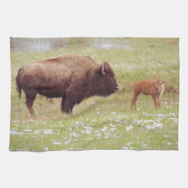 Bison and Calf in Yellowstone Tea Towel (Horizontal)