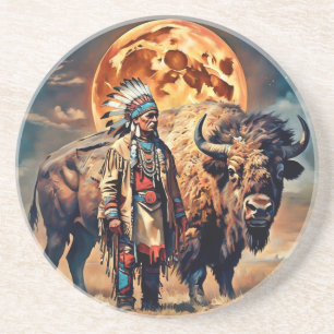 Bison and Native American Chief Coaster