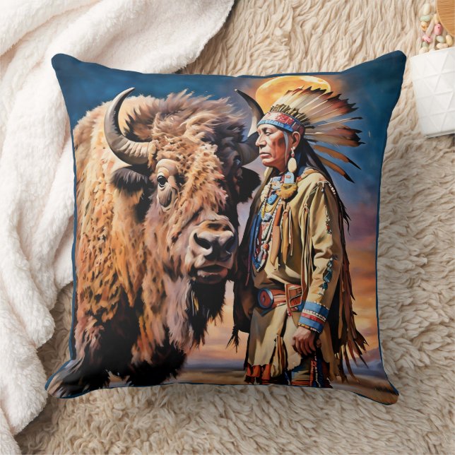 Bison and Native American Chief Cushion (Blanket)